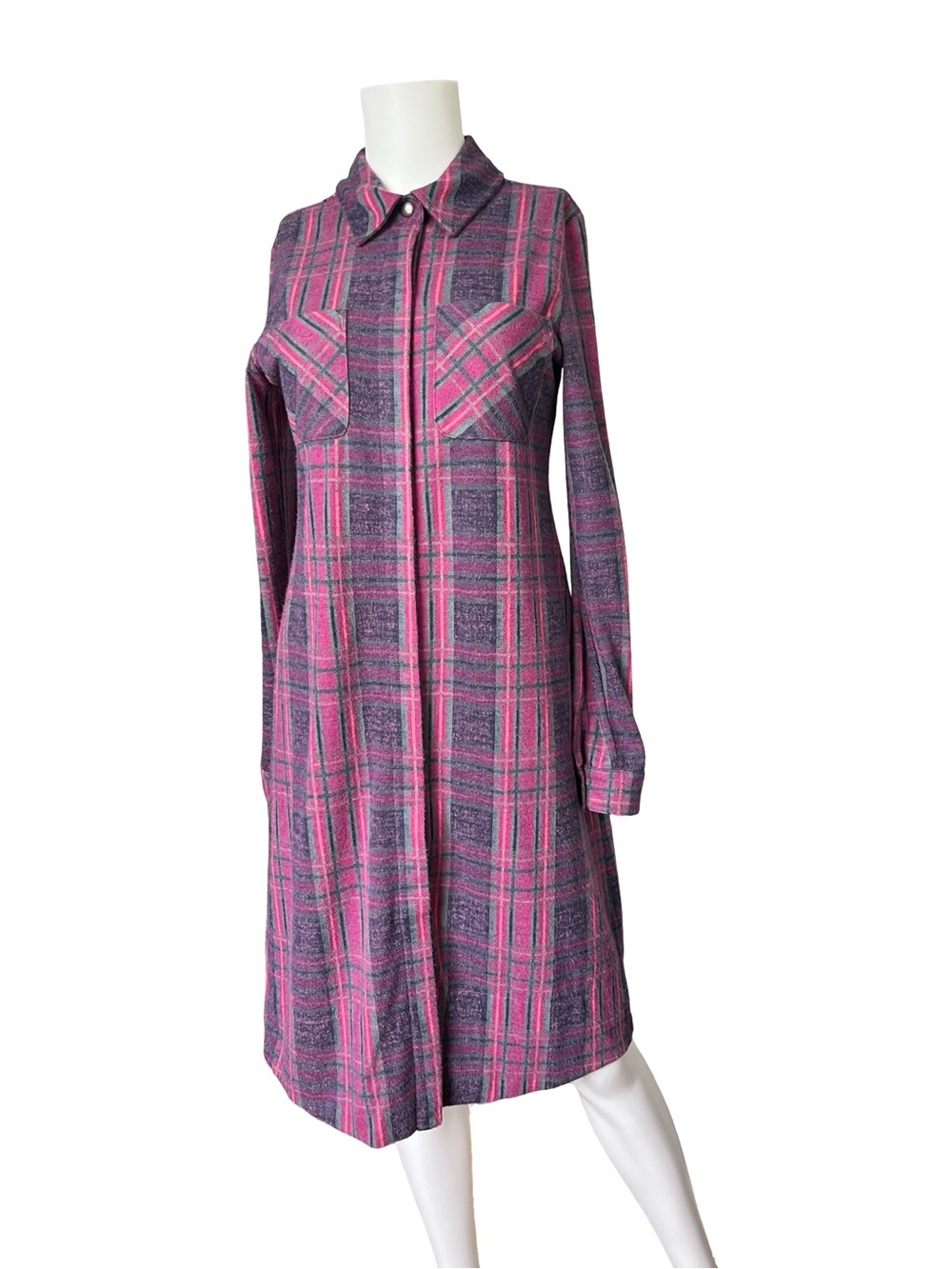 Soft Surroundings Plaid Flannel Shirt Dress Purple Pink Long Sleeve Size XS
